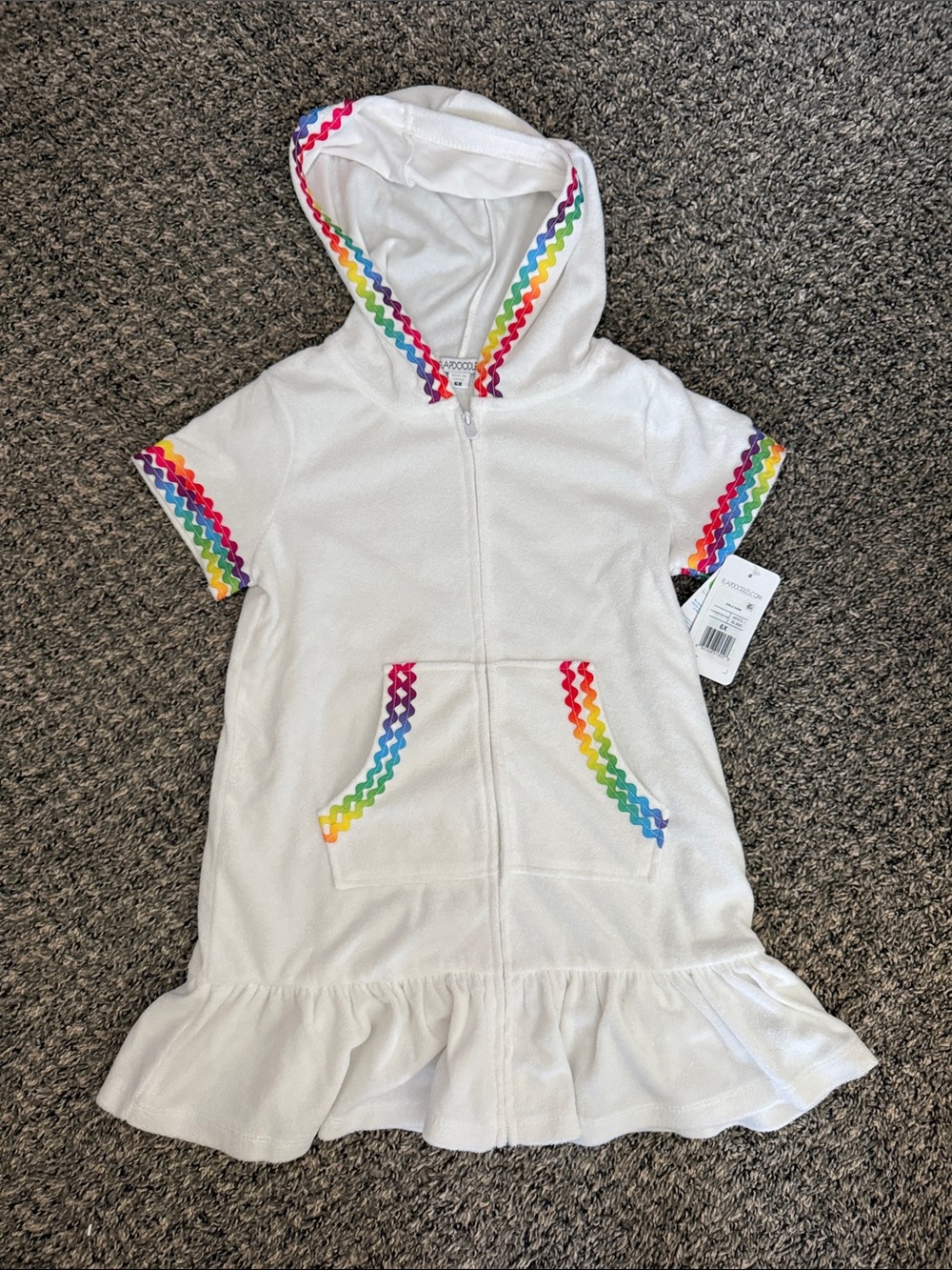 White Hooded Kids swim coverup with Rainbow Trim